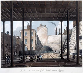 Entrepôts et travaux à la fin du tunnel vers Wapping, gravé par S.G. Hughes, 1831